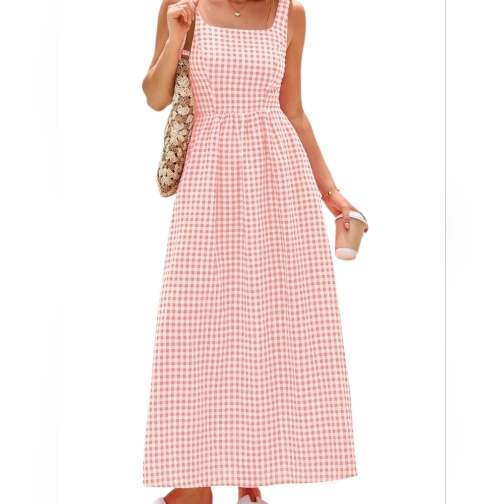 PrettyGarden Pink NWT Gingham Square Neck Maxi Dress with Pockets Size S